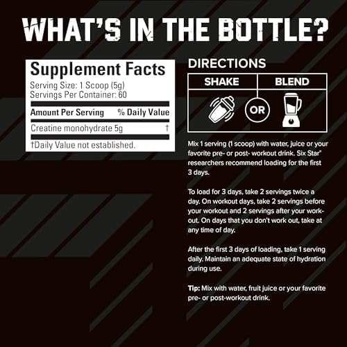 Six Star 100 Percent Creatine Monohydrate Powder container back side usage directions