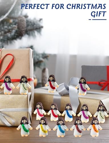 Assorted tiny Jesus figurines displayed as rewards for Sunday school activities and hide-and-seek games.