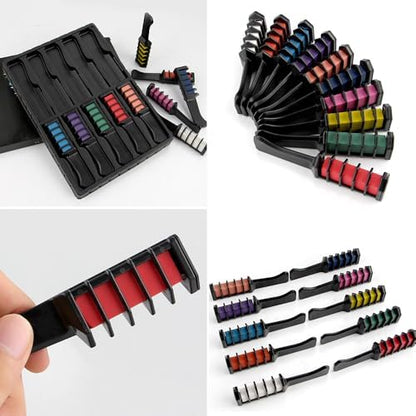Educational graphic showing how to use hair chalk combs with water