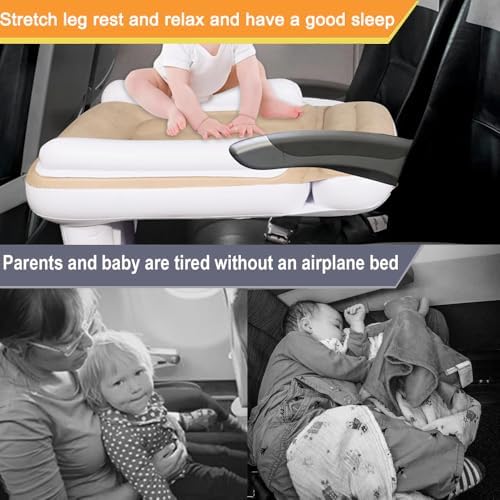 Inflatable portable kids bed installed in an airplane economy row near the window.