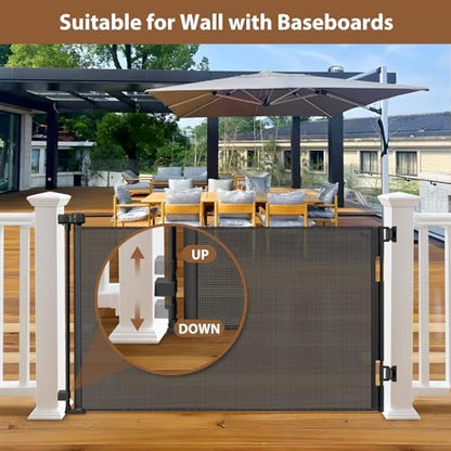 BETERTEK durable black mesh retractable fence blocking a doorway opening for pet security