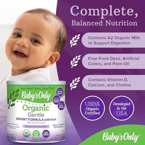 Premium twenty one ounce non-GMO organic baby formula tub side view
