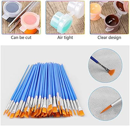 Synthetic nylon hair paint brushes in flat and detail sizes with blue plastic handles for acrylic painting.