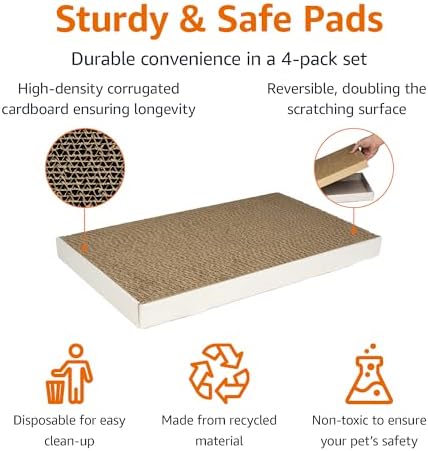 High-density horizontal cardboard scratcher for indoor cats placed flat on the floor for claw maintenance.