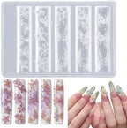 Maycreate 3D Flower Silicone Nail Mold set showing four distinct pattern strips on a flat surface.
