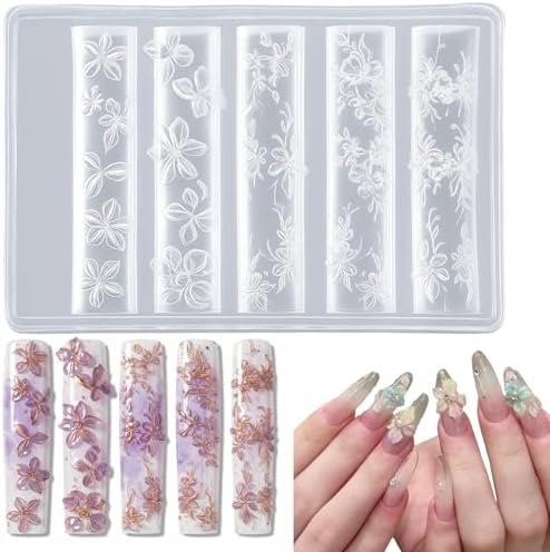 Maycreate 3D Flower Silicone Nail Mold set showing four distinct pattern strips on a flat surface.