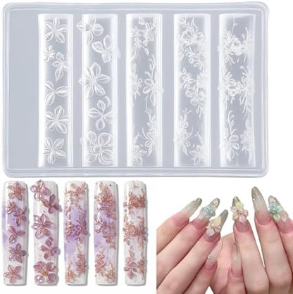 Maycreate 3D Flower Silicone Nail Mold set showing four distinct pattern strips on a flat surface.