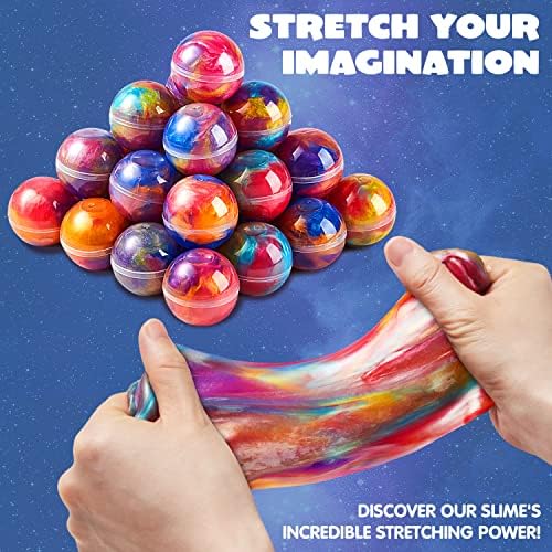 Three distinct groups of galaxy color combination slime balls for classroom rewards.