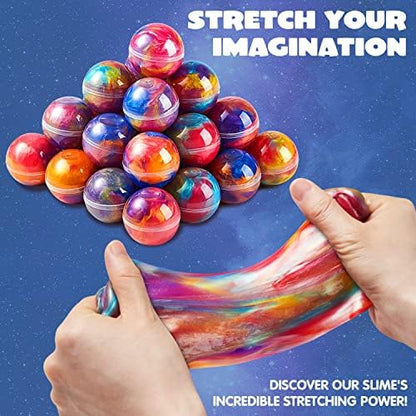 Three distinct groups of galaxy color combination slime balls for classroom rewards.