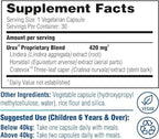 Side view of UROX Junior bladder control supplement showing dosage directions for children based on weight