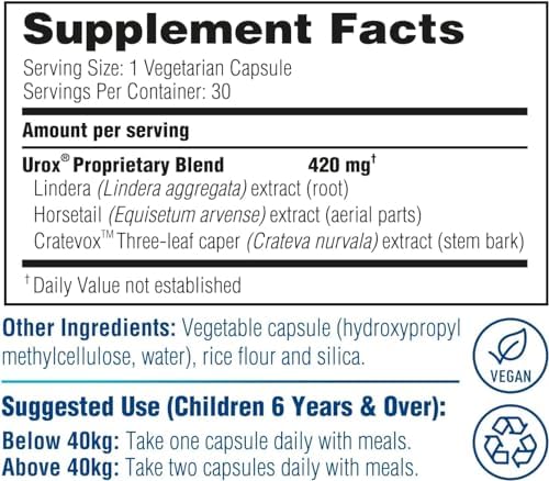 Side view of UROX Junior bladder control supplement showing dosage directions for children based on weight