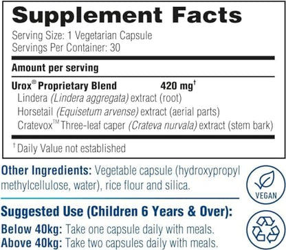 Side view of UROX Junior bladder control supplement showing dosage directions for children based on weight