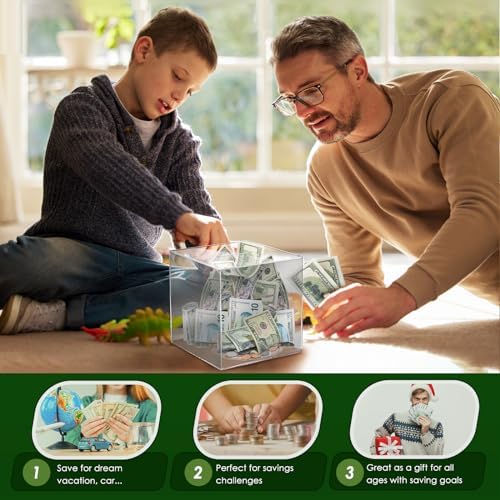 Vcertcpl clear cube money bank illustrating folded bills and loose coins inside.