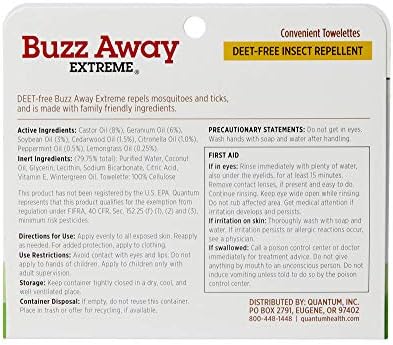 Back label of Quantum Buzz Away Extreme showing the essential oil ingredients and usage instructions for family protection.
