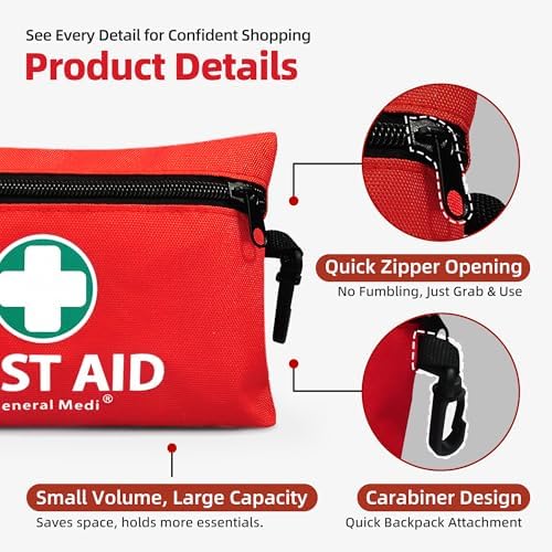 Compact first aid kit with carabiner for travel and camping