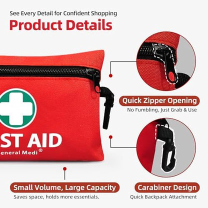 Compact first aid kit with carabiner for travel and camping