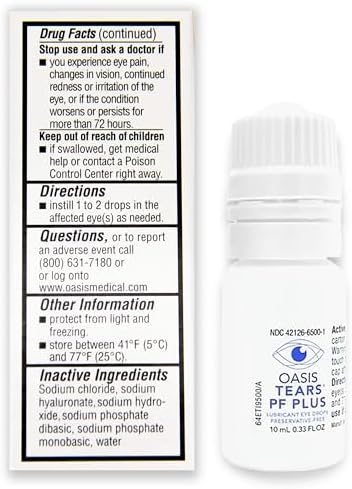 Sterile multi-dose dropper tip of Oasis Tears PF Plus eye drops.