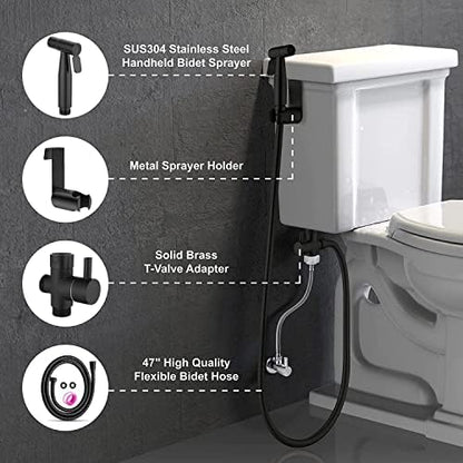Close up of Belivor bidet sprayer trigger and stainless steel nozzle