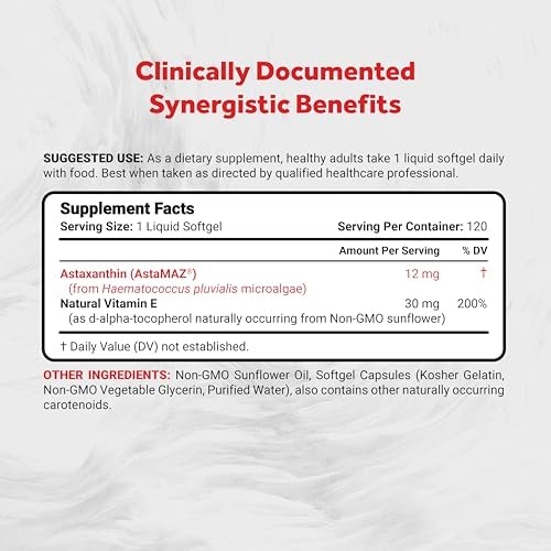 Naturalis Astaxanthin 120 liquid softgels nutritional facts label showing vitamin e and sunflower oil ingredients