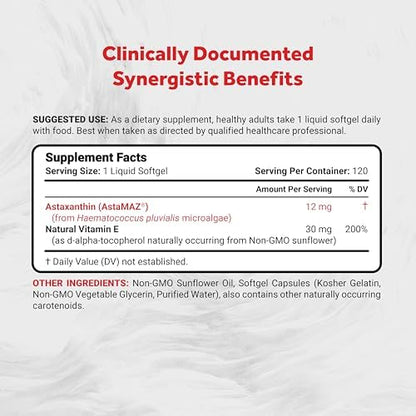 Naturalis Astaxanthin 120 liquid softgels nutritional facts label showing vitamin e and sunflower oil ingredients