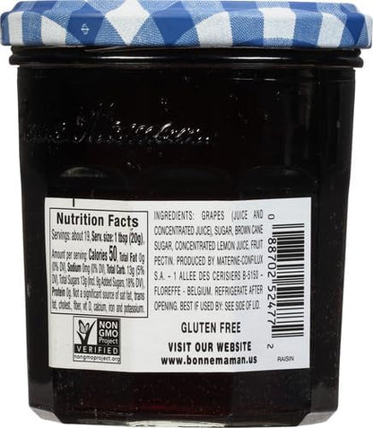 Bonne Maman grape jelly jar showing clean ingredients list on the back label