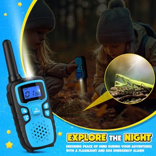 Four colorful family walkie talkies designed with durable ergonomic grips for outdoor games.