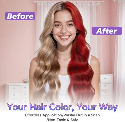 Model showing rainbow temporary hair chalk results