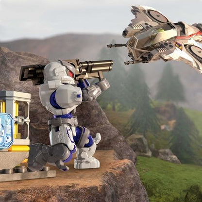 Mega Brands Halo construction kit showing assembled white and red UNSC Wasp vehicle with spinning engines.