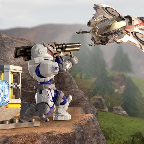 Mega Brands Halo construction kit showing assembled white and red UNSC Wasp vehicle with spinning engines.