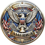 Authentic imported USA challenge coin displayed on a desk stand for premium home decor