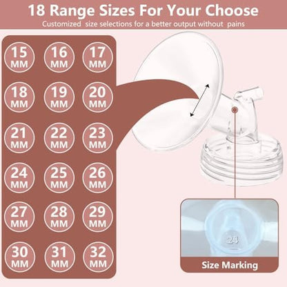 Two pack of 18mm breast shields displayed next to wide neck collection bottle