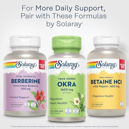 Full product packaging of Solaray high fiber okra supplement for digestive wellness support.