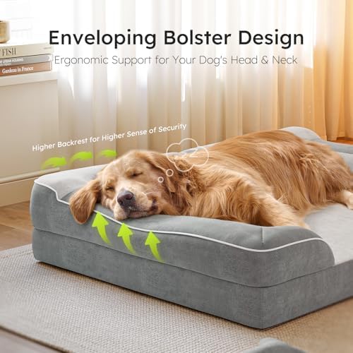 CWAWZ Extra Large Dog Bed, Orthopedic Dog Bed with Cooling Gel Memory Foam, Waterproof XL Pet Bed with Removable Washable Cover, 42" Pet Sofa Couch Dutch Velvet with Bone Toy, Light Gray - Image 5