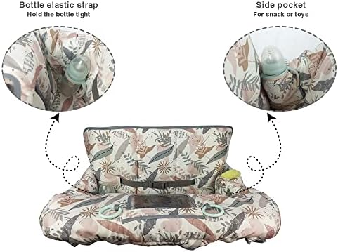 Infant grocery cart cushion with integrated bottle strap and toy loops