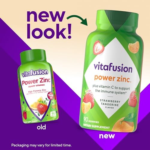 Vitafusion Power Zinc 90 gummies bottle standing upright showing immune support benefits