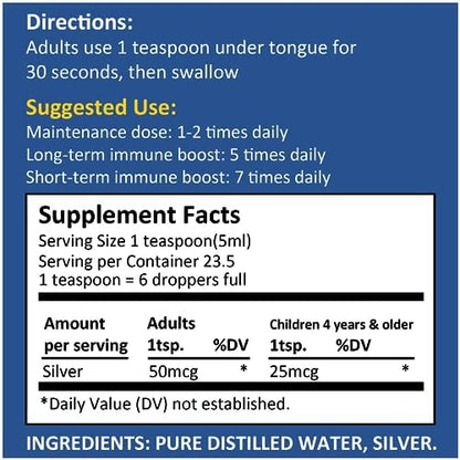 Silver Holistics Colloidal Silver Liquid Bundle back label showing the official ingredient profile and usage guide.