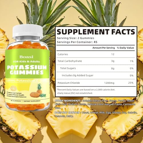 Boasi sugar free potassium supplement gummies side panel showing nutritional facts and ingredients.