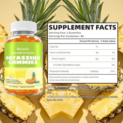 Boasi sugar free potassium supplement gummies side panel showing nutritional facts and ingredients.