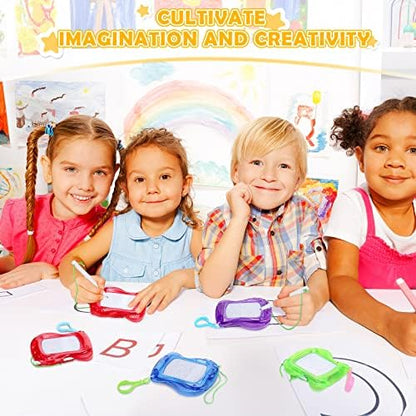 Kid using mini magnetic drawing board attached to a backpack