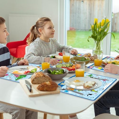 Patelai kids reusable learning placemats set being easily cleaned with a damp cloth after mealtime.