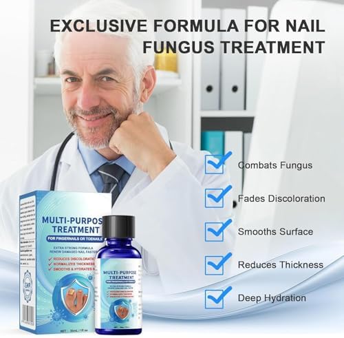 Antifungal solution bottle with applicator brush for thick yellow nails.