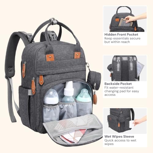 BabbleRoo water resistant backpack attached to a baby stroller using the built in detachable straps.