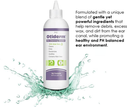 Close up of Otiderm ear cleaner label with aloe vera
