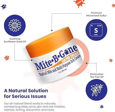Mite-B-Gone 2 ounce jar showing ingredients and application instructions.