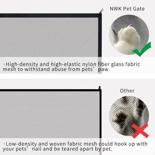 NWK safety enclosure mesh gate positioned at the bottom of indoor household stairs.