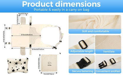 Side angle of the off white portable baby flight bed demonstrating its thickness and cushion support.