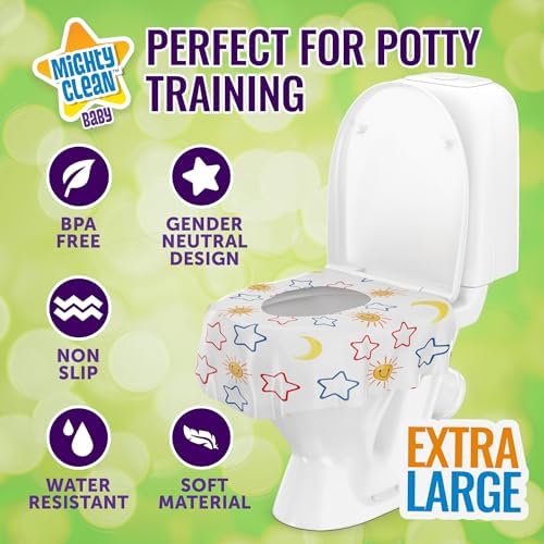 Extra large waterproof potty covers spread over a public restroom toilet seat demonstrating complete coverage.