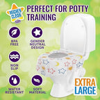 Extra large waterproof potty covers spread over a public restroom toilet seat demonstrating complete coverage.