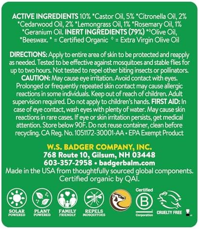 Badger DEET free insect protection stick showcasing organic essential oil ingredients