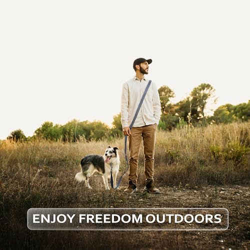 Multi functional dog leash illustrating the 4 in 1 conversions including waist, crossbody, and tether modes.